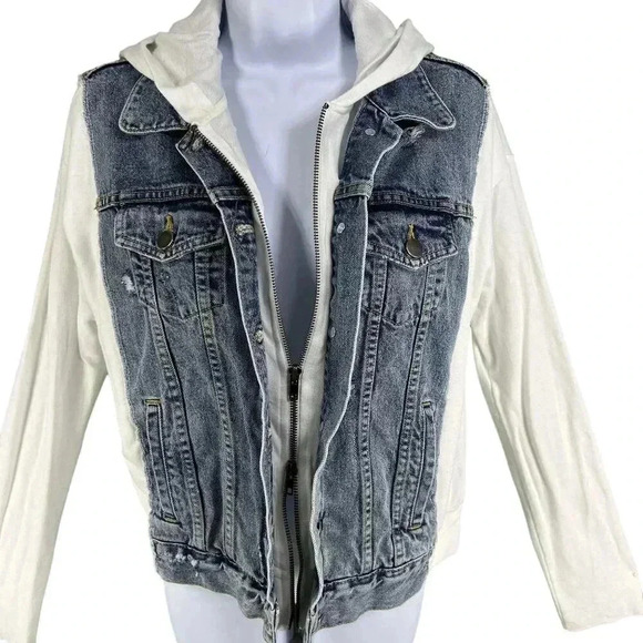Bailey 44 Womens L Denim White Super Soft Stretchy Arms Hood Back Hidden Zipper - Picture 4 of 16